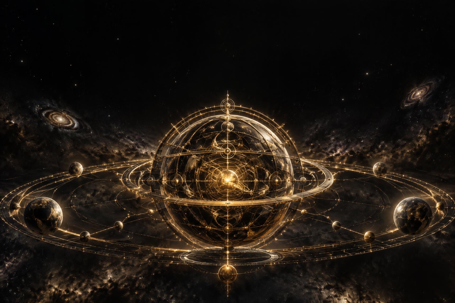 A floating celestial intelligence core surrounded by metallic-gold orbital rings and connected planetary worlds